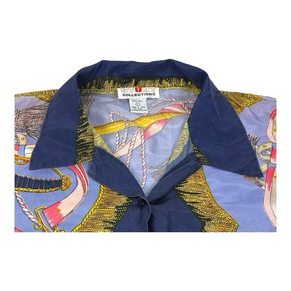 Vintage Stunt Collections Blouse 100% Silk Blue Tassel Ribbon Print Large 80s - Picture 12 of 13